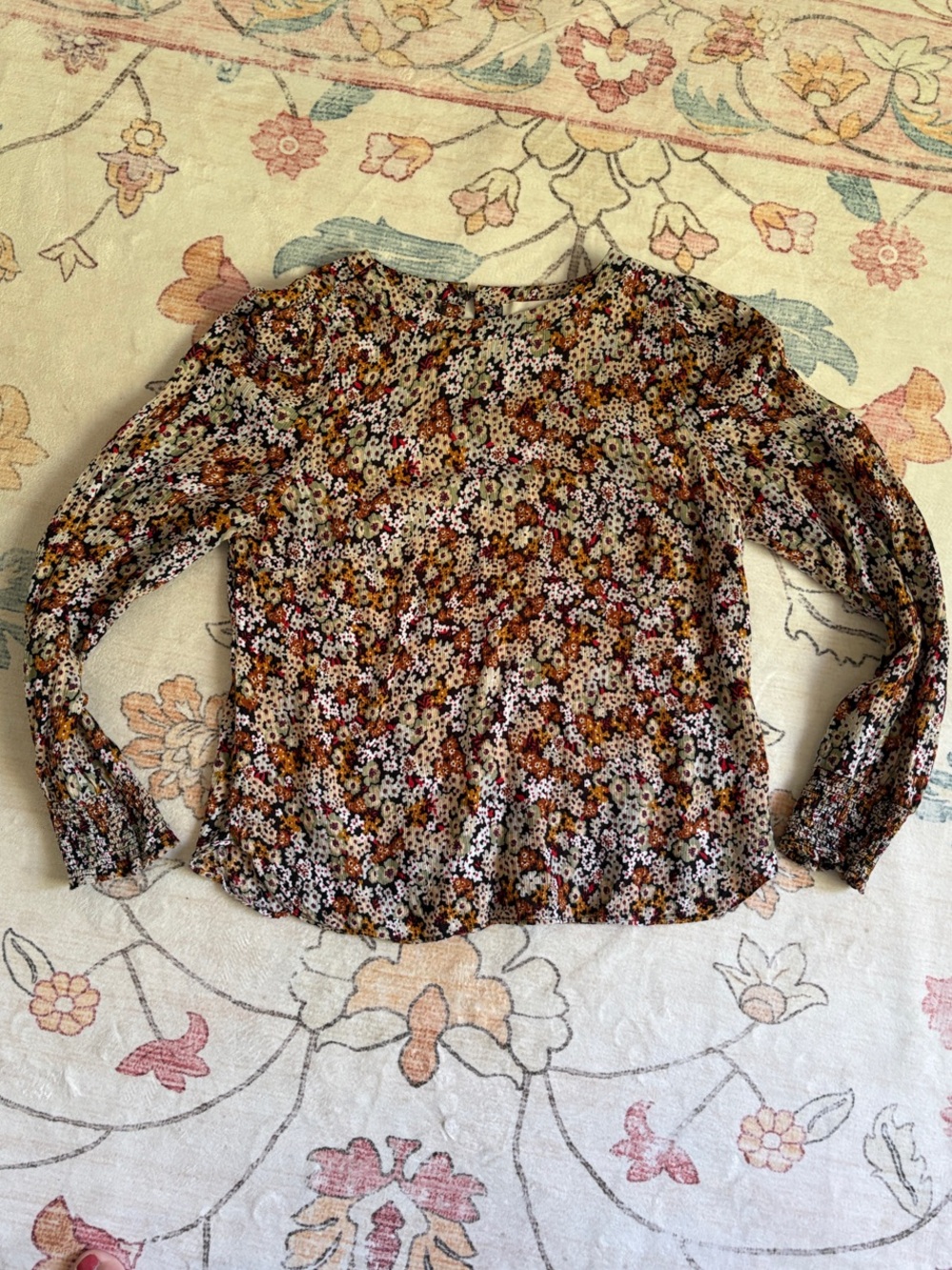 LOFT Floral Long-Sleeve Blouse in Rust, Cream & Black